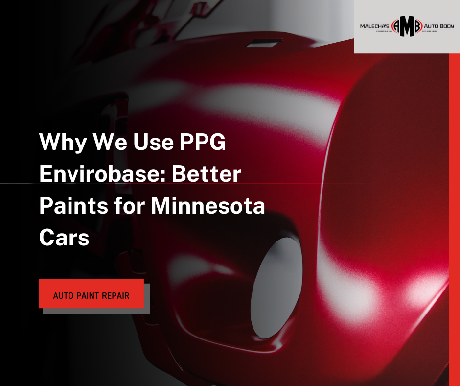 Close-up of a red car highlighting a fresh paint finish for auto paint repair in Minnesota.